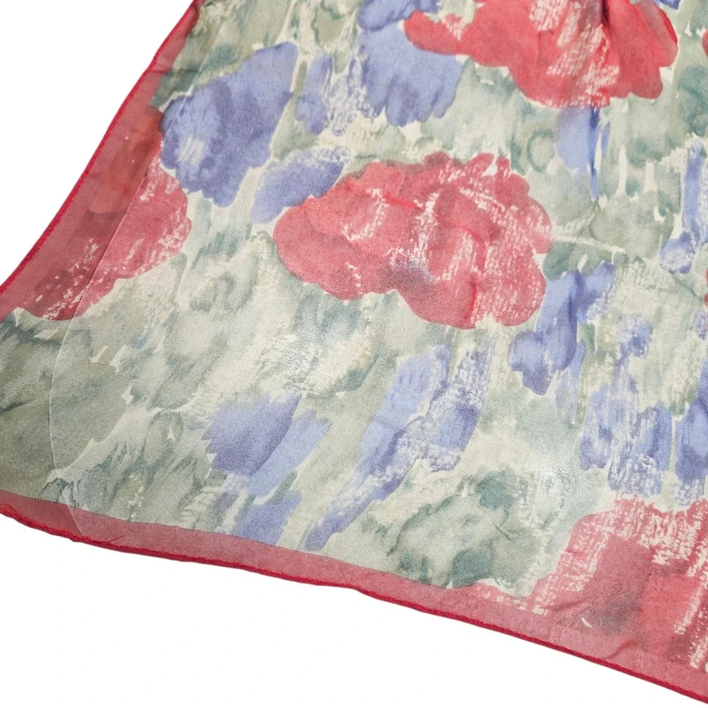 Floral Scarf‎ Womens OS Red Sheer Poppy Print Square Neckerchief Accessory